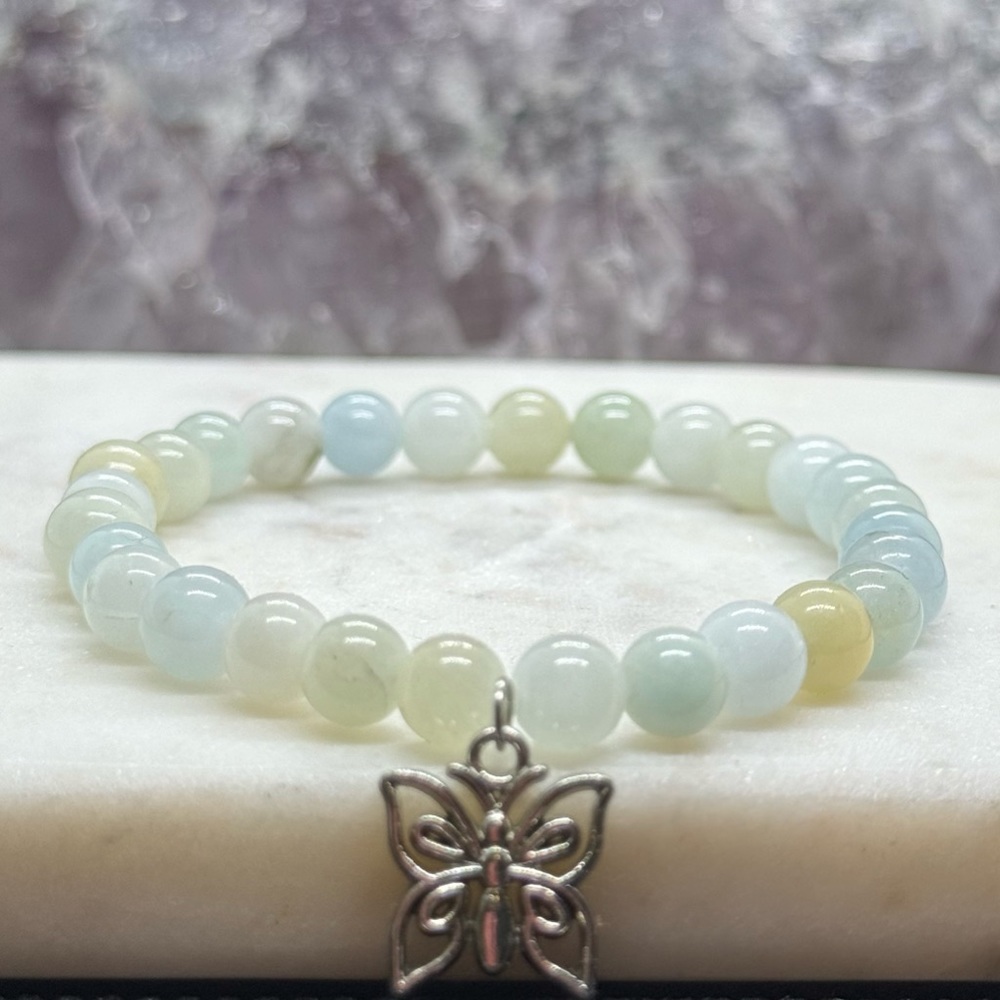 Aquamarine Healing Crystal Bracelet - Butterfly Charm Bracelet